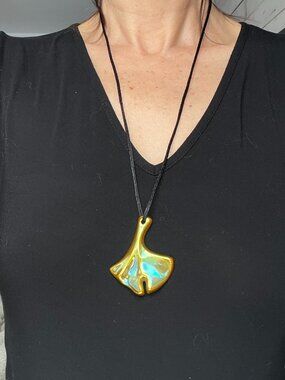 Zsolnay Hungary Eosin Ginkgo Leaf Pendant Necklace - Iridescent Green Gold